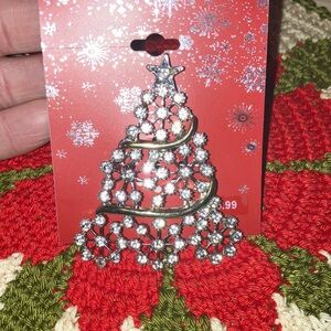 Vintage KMART Silver Christmas Tree Brooch 2.5” Rhinestones New
